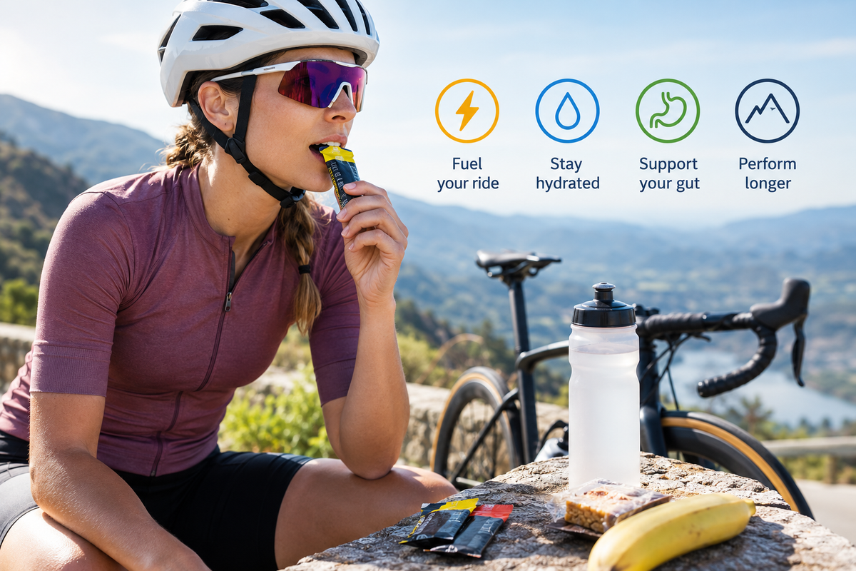 Cyclist consuming an energy gel during a long-distance ride with water and energy snacks nearby.