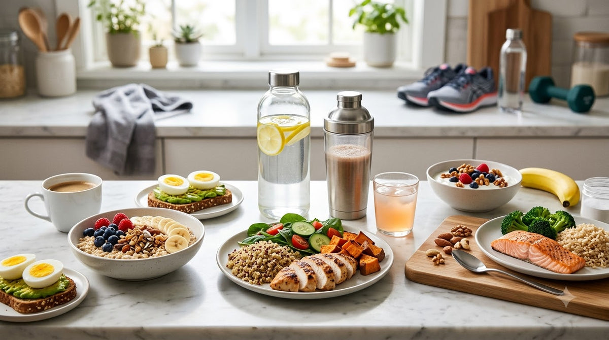 Daily sports nutrition routine with balanced meals, protein foods, fruits, hydration and sports nutrition supplements