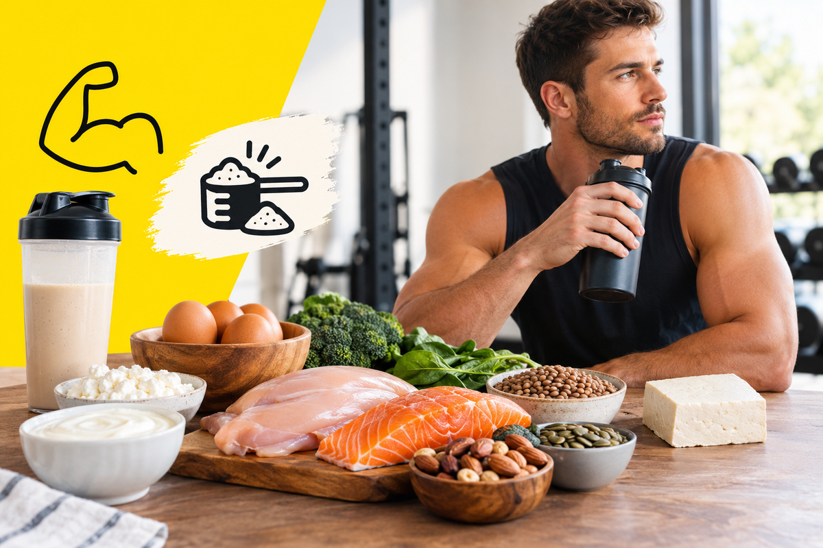 A muscular man holding a protein shaker alongside high-protein foods for muscle growth.