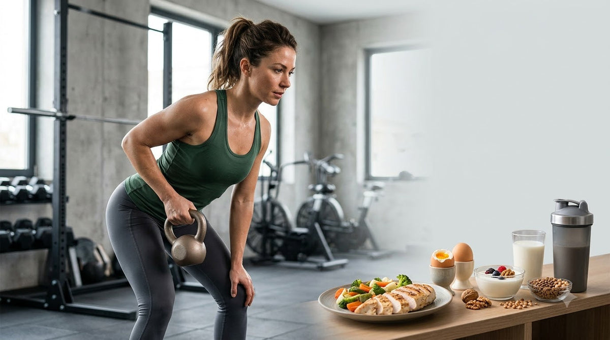 Fit adult doing resistance training with protein-rich foods and a whey protein shake for muscle building