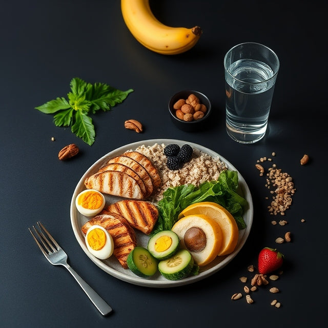 Balanced performance nutrition plan with protein, whole grains, fruits and vegetables  Image